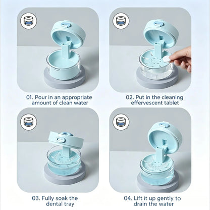 3-in-1 Retainer Soak Case with Drain Tray. Mirror & Cleaning Brush for Aligners & Dentures