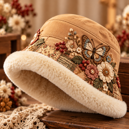 🌸 50% OFF Winter Garden Embroidered Bucket Hat – Plush-Lined Floral Charm ☁️