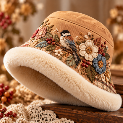 🌸 50% OFF Winter Garden Embroidered Bucket Hat – Plush-Lined Floral Charm ☁️