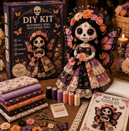 Day Of The Dead Patchwork Doll DIY Sewing Kit - Handmade Fabric Doll Craft Kit With Floral Details