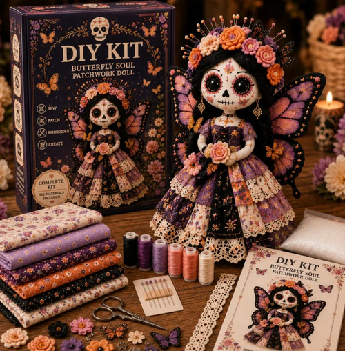 Day Of The Dead Patchwork Doll DIY Sewing Kit - Handmade Fabric Doll Craft Kit With Floral Details