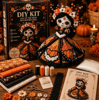 Day Of The Dead Patchwork Doll DIY Sewing Kit - Handmade Fabric Doll Craft Kit With Floral Details