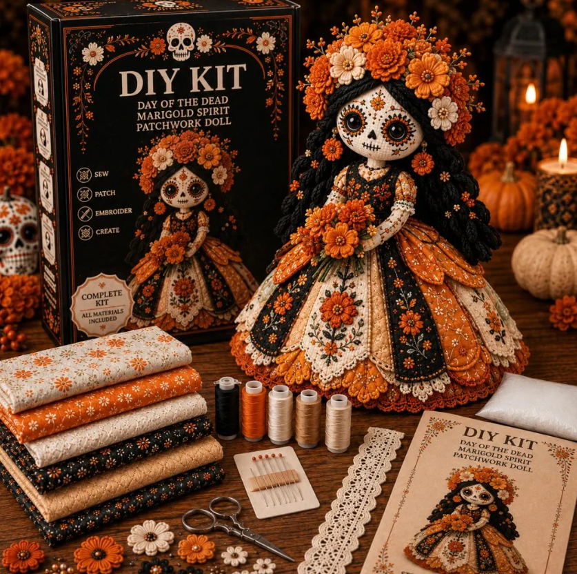 Day Of The Dead Patchwork Doll DIY Sewing Kit - Handmade Fabric Doll Craft Kit With Floral Details