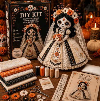 Day Of The Dead Patchwork Doll DIY Sewing Kit - Handmade Fabric Doll Craft Kit With Floral Details