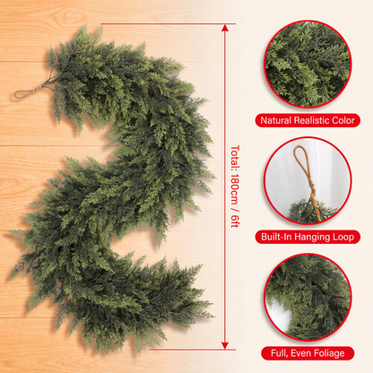 lit Cedar Garland with 20 Warm LED Lights (6FT) – Year-Round Indoor & Outdoor Decorative Greenery