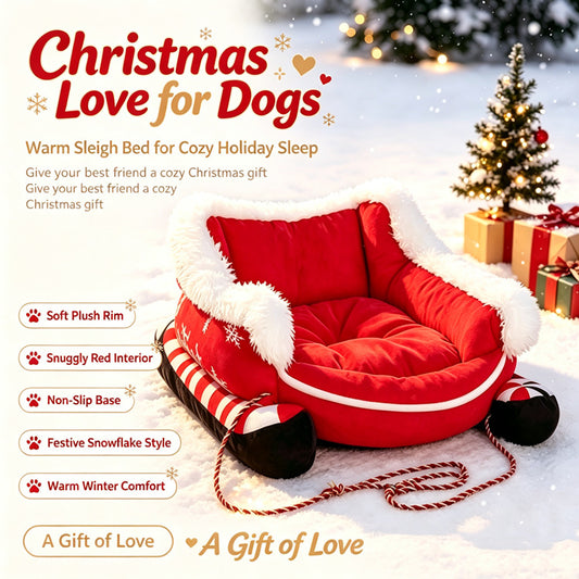 🎄 Festive Christmas Sleigh Pet Bed Warm Fleece Cushion 🐾