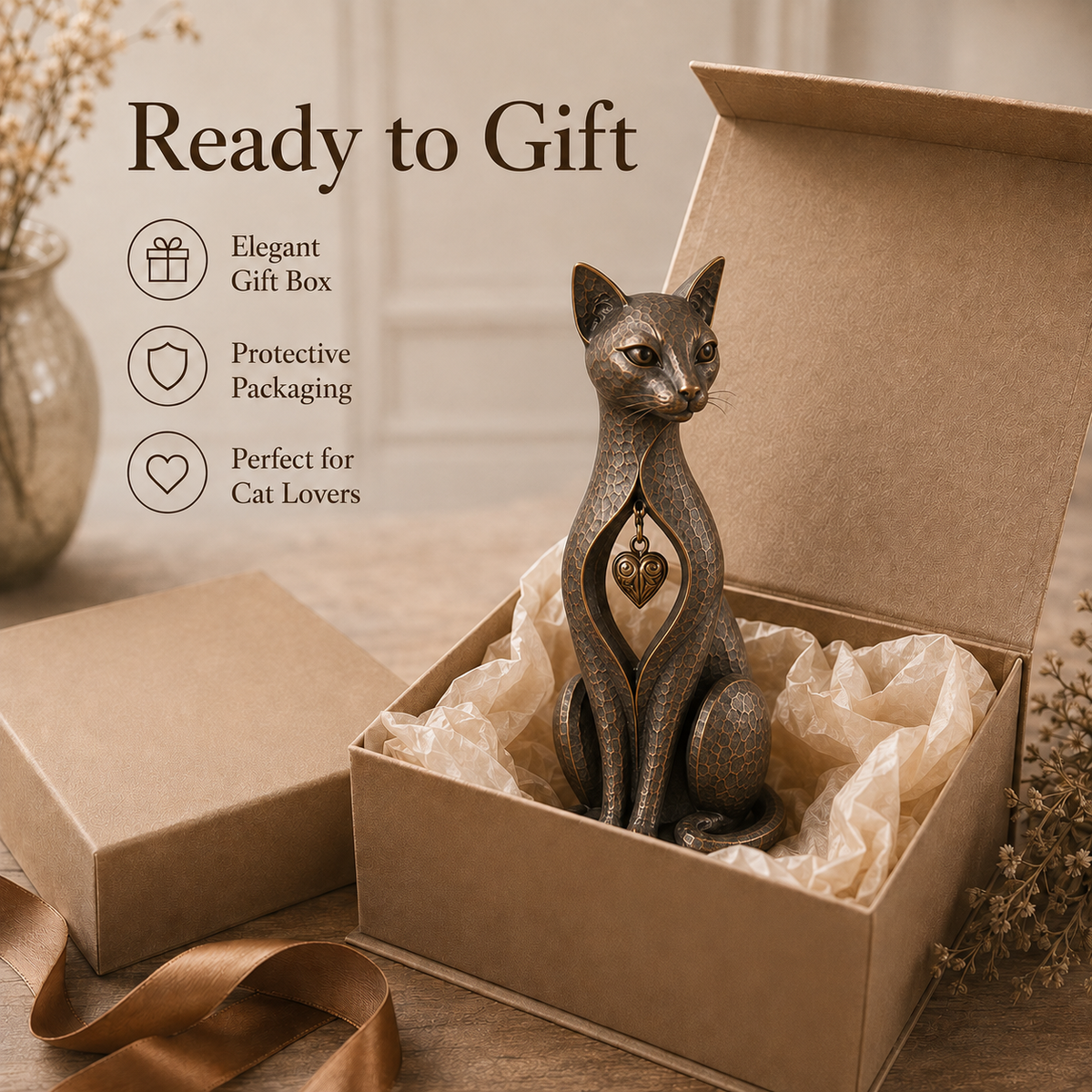 🐱 Heritage Heart Sphynx Cat Sculpture – Vintage Bronze Home Décor ✨