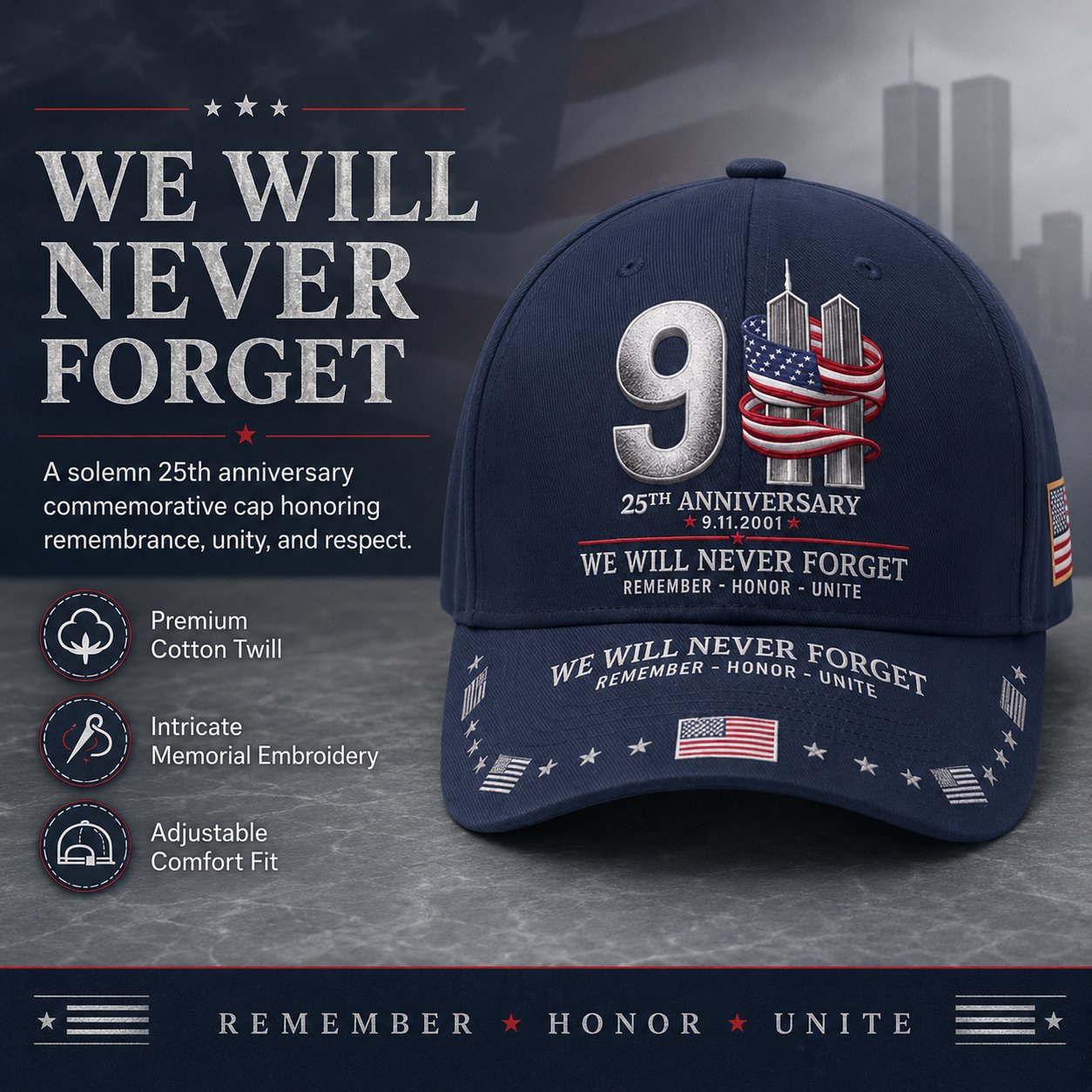 🔥LAST DAY 50% OFF - 9/11 25th Anniversary We Will Never Forget Embroidered Memorial Baseball Cap – Unisex Patriotic Memorial Hat🧢 100% Cotton