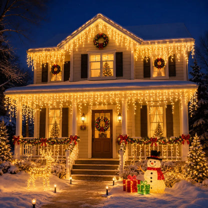 66ft 600-LED Christmas Icicle Lights – Outdoor Lights with Connectable Clear Wire, 8 Modes, Timer, Plug-in, Waterproof; Suitable for Eaves, Patios, Parties, and Indoor Holiday Decor; Includes Switch; Warm White