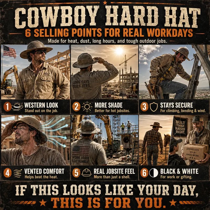 💯 Western Cowboy Hard Hat, Vented Wide Brim Safety Helmet for Construction & Ranch Workers