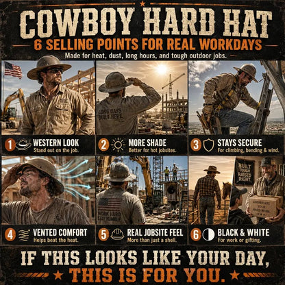 💯 Western Cowboy Hard Hat, Vented Wide Brim Safety Helmet for Construction & Ranch Workers