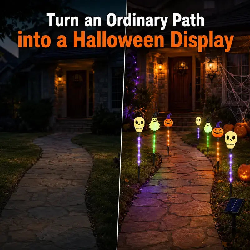 💀 Solar Halloween Stake Lights – Pumpkin Ghost Skull 6PCS & Retro Skull 5PCS