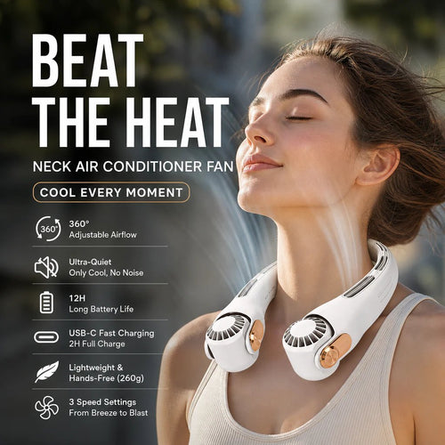 🥳2026 HOT SALE🥳💞50K+ SOLD!🍃 Neck Air Conditioner Fan – Ultra‐quiet, 360° rotating, 3 speeds. Hands‐free cooling, long battery. Summer essential! 😎🌬️