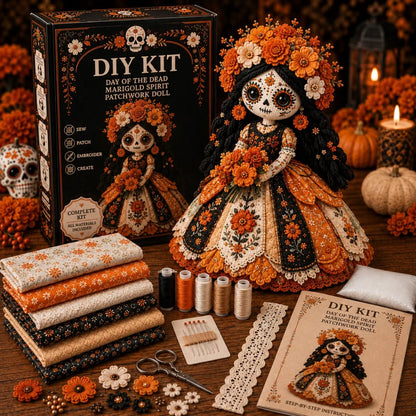Day of the Dead Patchwork Doll DIY Sewing Kit – Handmade Fabric Doll Making Kit with Floral Details