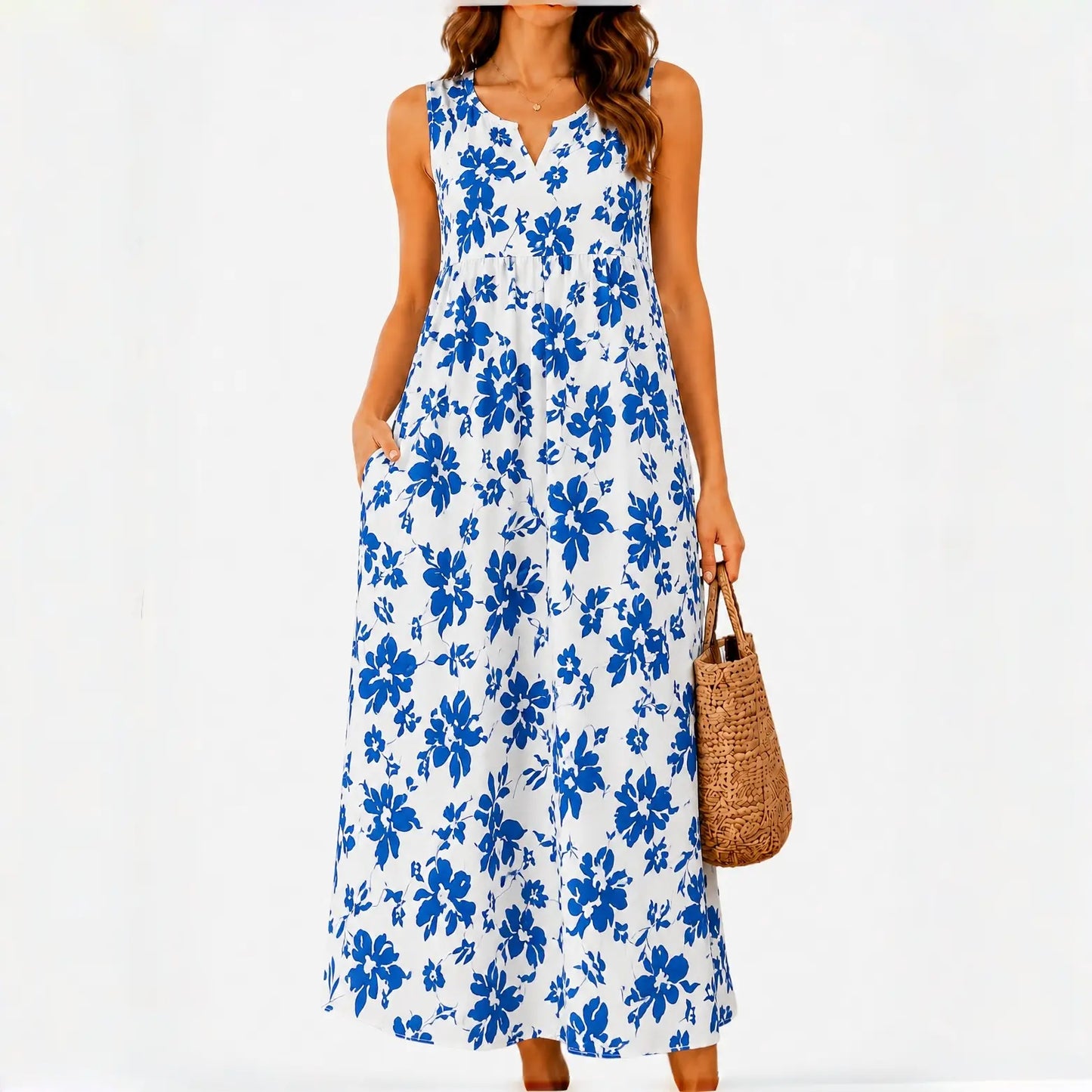 Polka Pockets Long Dress Sleeveless Berry Garden Sleeveless Maxi Dress Casual Summer Vacation Dress Womenswear Fitted Vneck