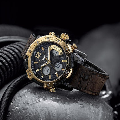 ⏱️ Men’s Industrial Dual-Time Watch – Vintage Leather Strap & Multi-Function Dial