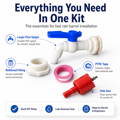 Rain Barrel Spigot Kit | Leak-Proof PVC Faucet with Complete Installation Set