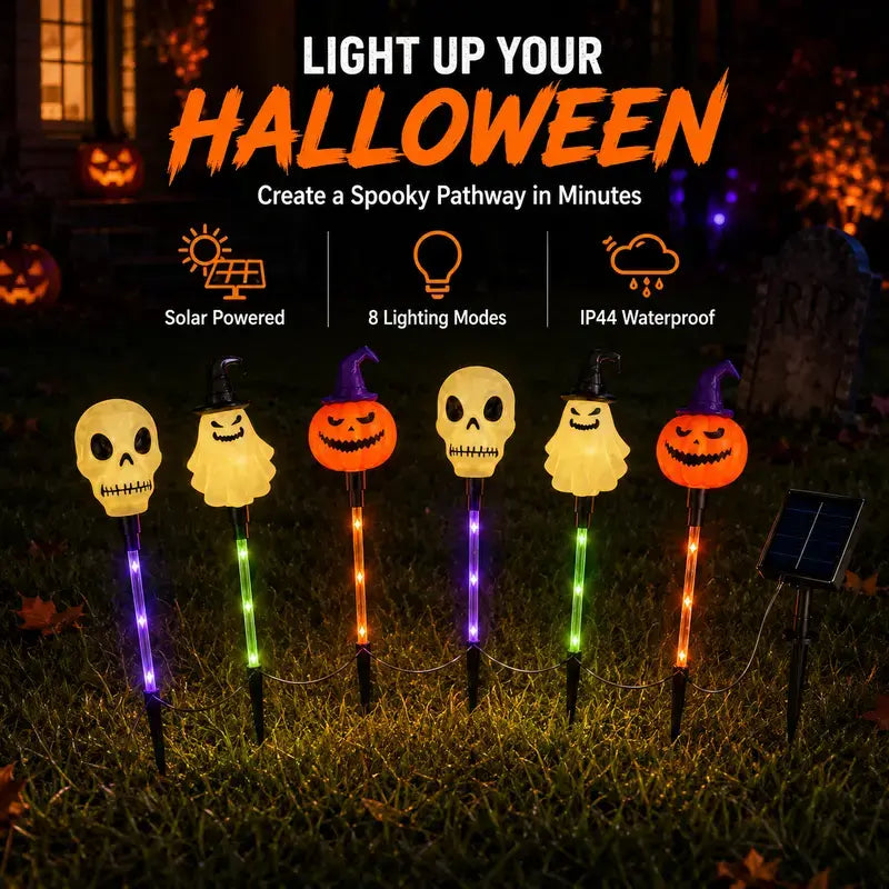 💀 Solar Halloween Stake Lights – Pumpkin Ghost Skull 6PCS & Retro Skull 5PCS