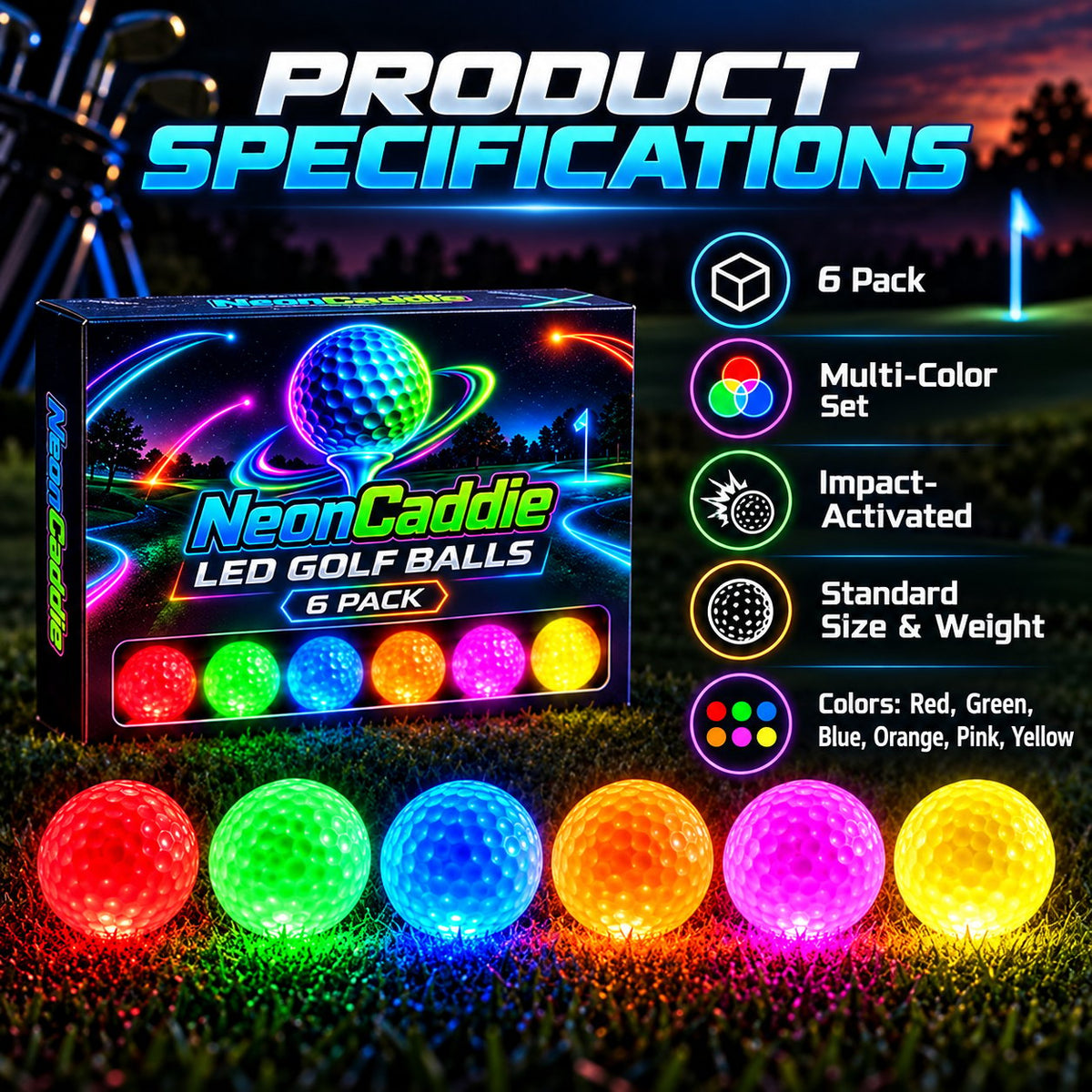 🌙⛳ Night Golf LED Balls – 6-Pack Light Up Golf Balls