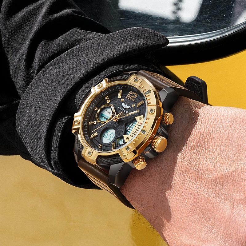 ⏱️ Men’s Industrial Dual-Time Watch – Vintage Leather Strap & Multi-Function Dial