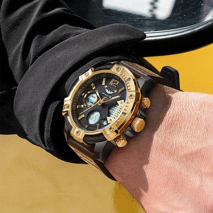 ⏱️ Men’s Industrial Dual-Time Watch – Vintage Leather Strap & Multi-Function Dial