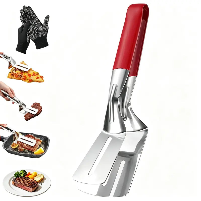 🍳 2-in-1 Spatula Tongs for Cooking and BBQ – Stainless Steel Food Flipper