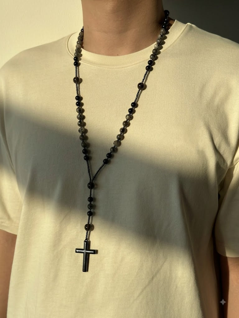 ✝️ Obsidian & Yooperlite Rosary Necklace – UV Glow Cross Jewelry ✨