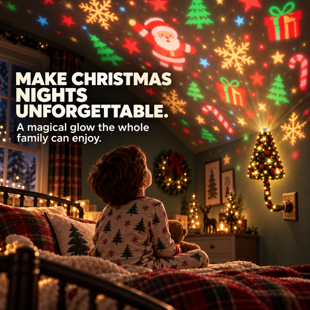 Child enjoying Christmas patterns projected across a bedroom wall and ceiling