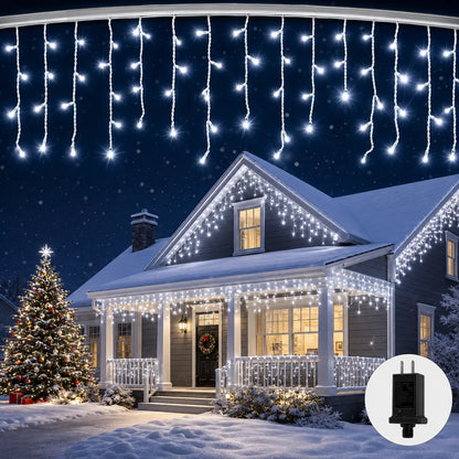 66ft 600-LED Christmas Icicle Lights – Outdoor Lights with Connectable Clear Wire, 8 Modes, Timer, Plug-in, Waterproof; Suitable for Eaves, Patios, Parties, and Indoor Holiday Decor; Includes Switch; Warm White