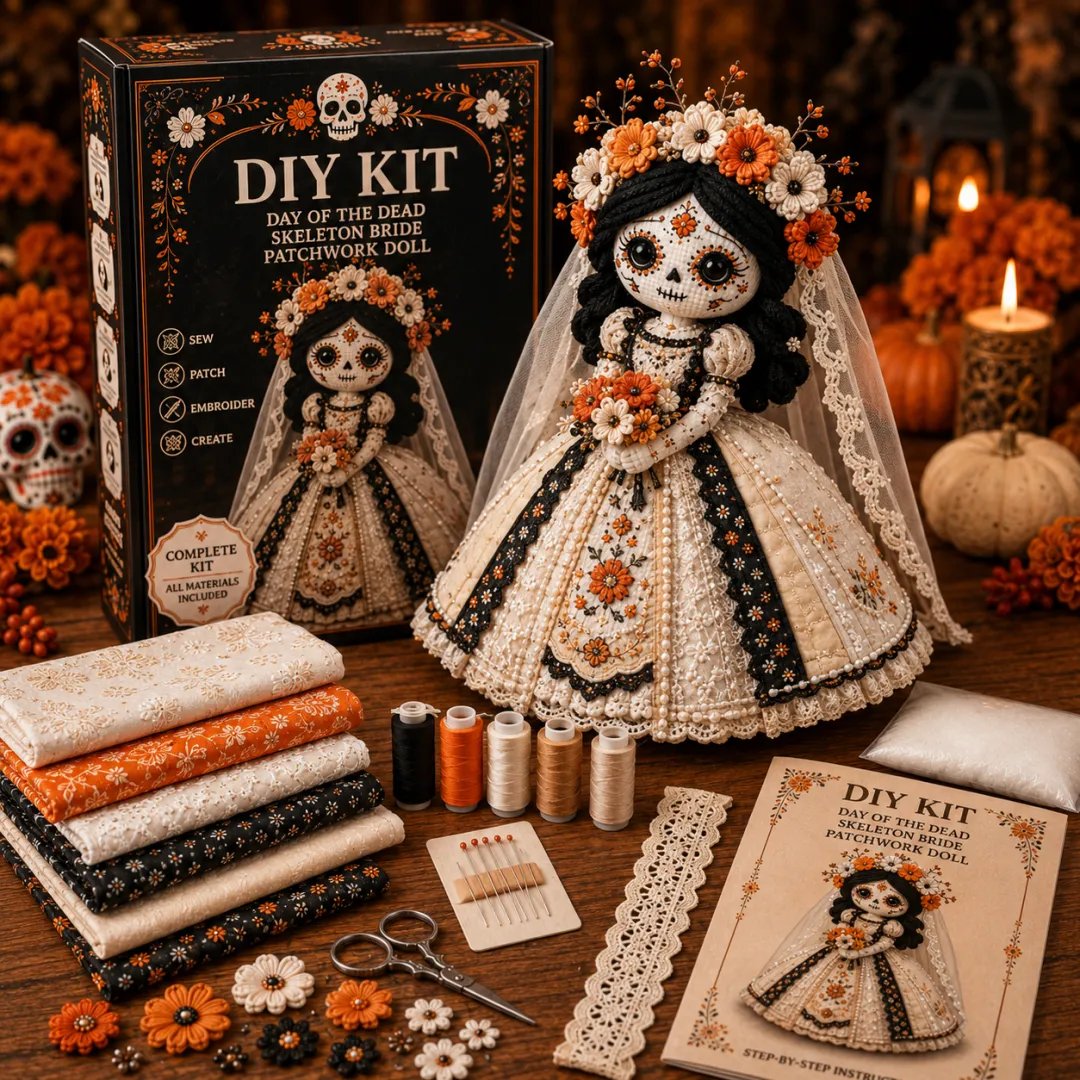 Day of the Dead Patchwork Doll DIY Sewing Kit – Handmade Fabric Doll Making Kit with Floral Details