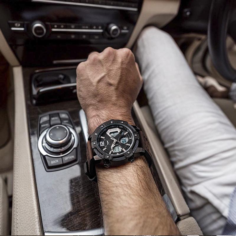 ⏱️ Men’s Industrial Dual-Time Watch – Vintage Leather Strap & Multi-Function Dial