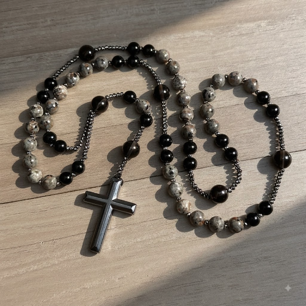 ✝️ Obsidian & Yooperlite Rosary Necklace – UV Glow Cross Jewelry ✨