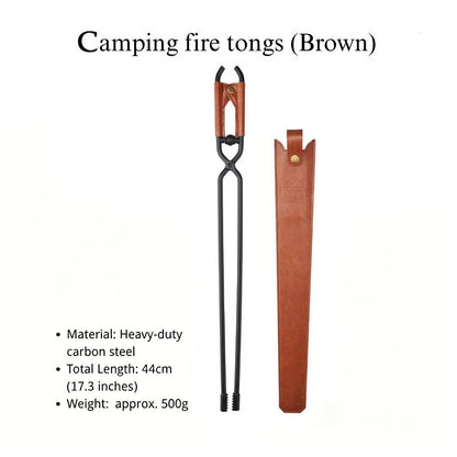 🎖️50% OFF - Camping Fire Tongs | Heavy-Duty Carbon Steel | Leather Sheath | Serrated Grip | Brown/Black Options