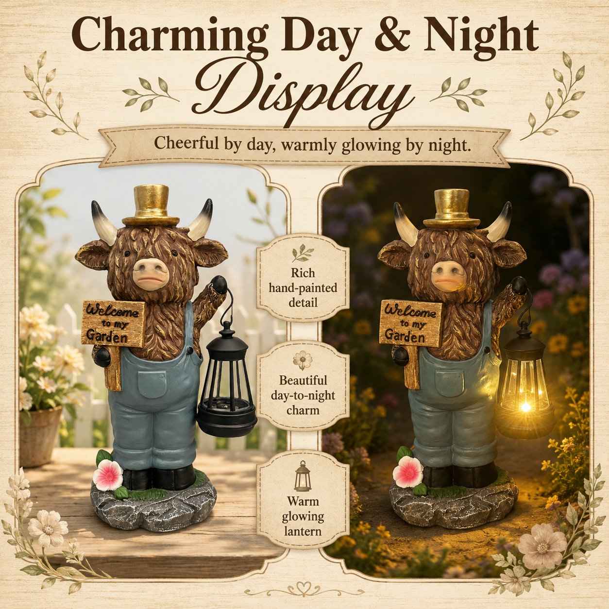🔥50% OFF TODAY🔥 Highland Cow Garden Lantern Statue 🐮✨ Rustic Farmhouse Outdoor Decor for Garden, Porch, Patio & Yard