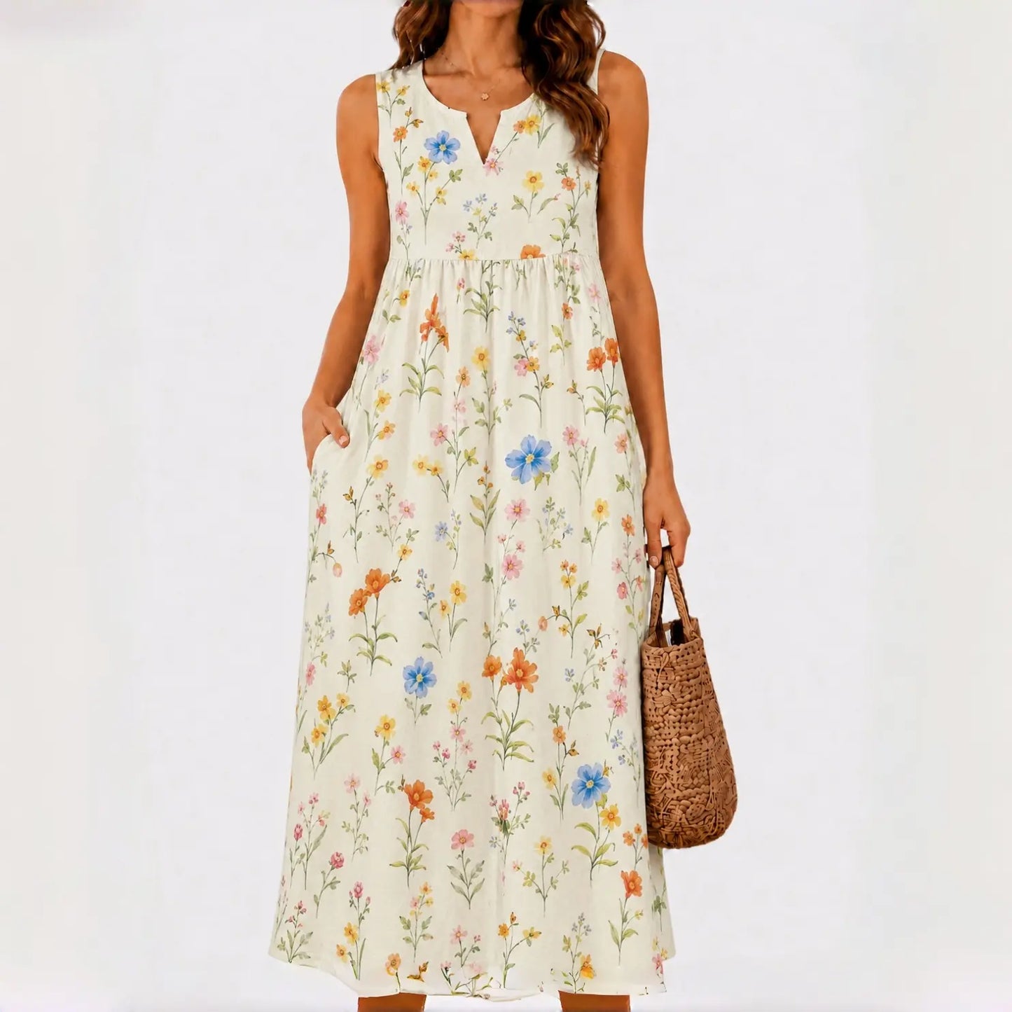Polka Pockets Long Dress Sleeveless Berry Garden Sleeveless Maxi Dress Casual Summer Vacation Dress Womenswear Fitted Vneck