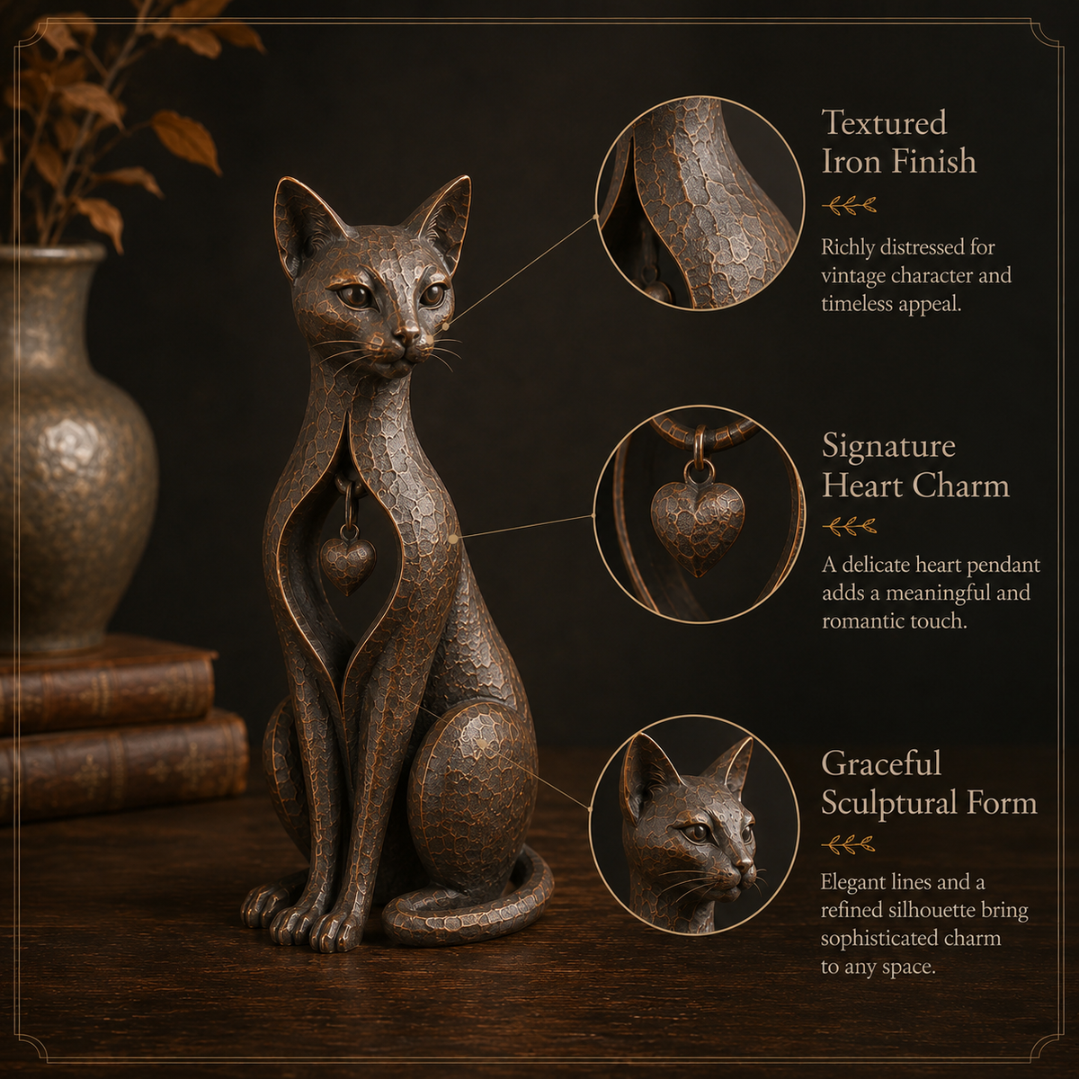 🐱 Heritage Heart Sphynx Cat Sculpture – Vintage Bronze Home Décor ✨