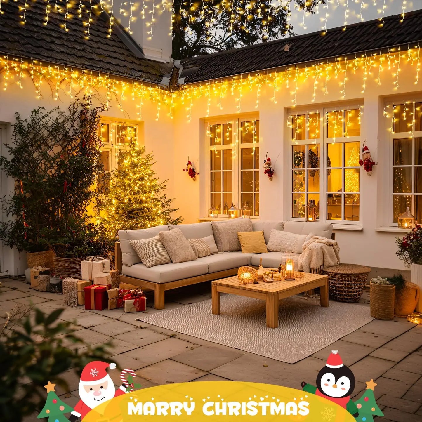 66ft 600-LED Christmas Icicle Lights – Outdoor Lights with Connectable Clear Wire, 8 Modes, Timer, Plug-in, Waterproof; Suitable for Eaves, Patios, Parties, and Indoor Holiday Decor; Includes Switch; Warm White