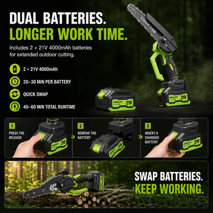 ⚡ 21V Cordless Mini Chainsaw – Dual Battery Garden Cutter🔋