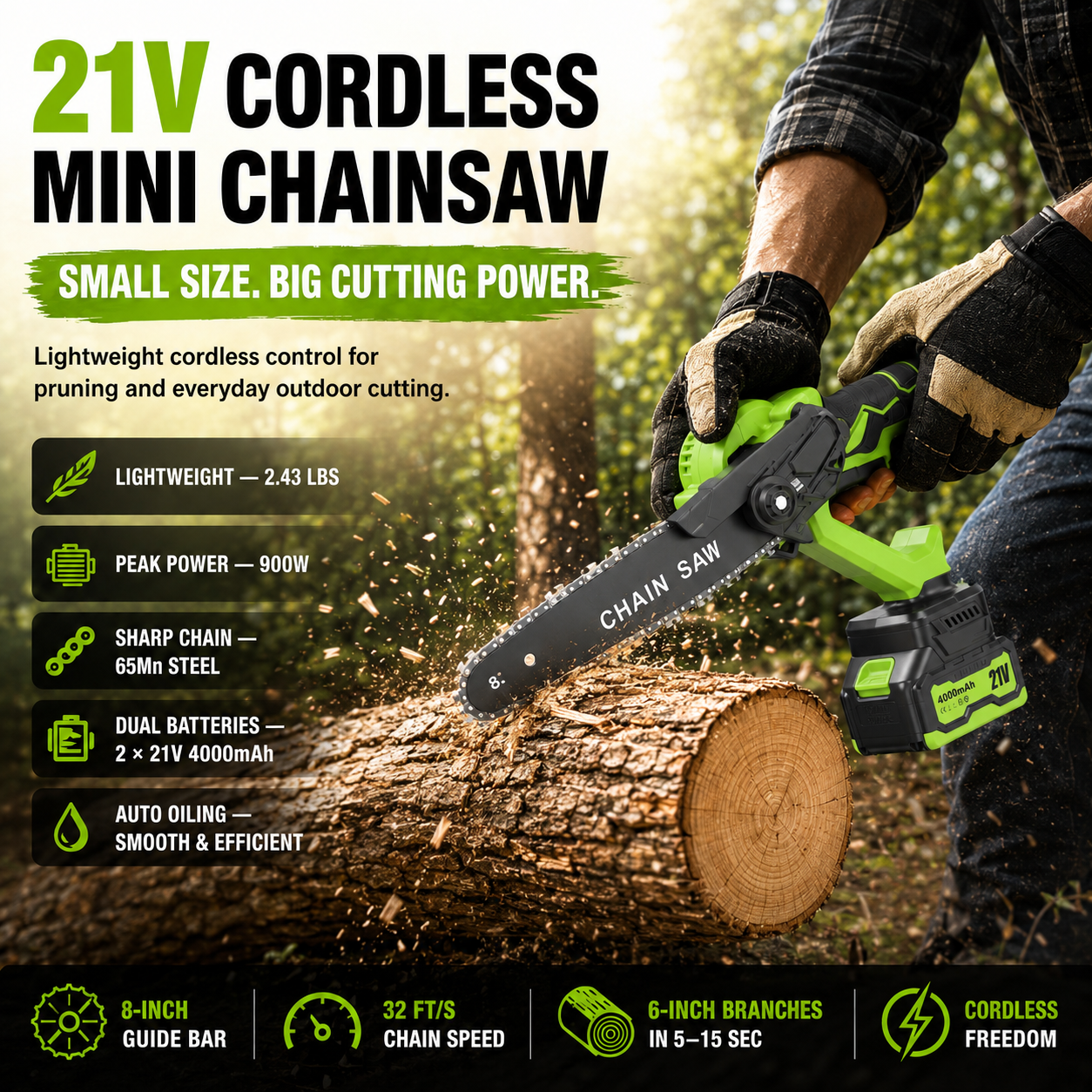 ⚡ 21V Cordless Mini Chainsaw – Dual Battery Garden Cutter🔋