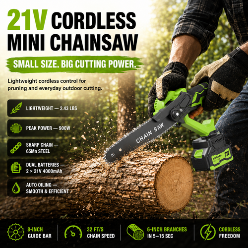 ⚡ 21V Cordless Mini Chainsaw – Dual Battery Garden Cutter🔋