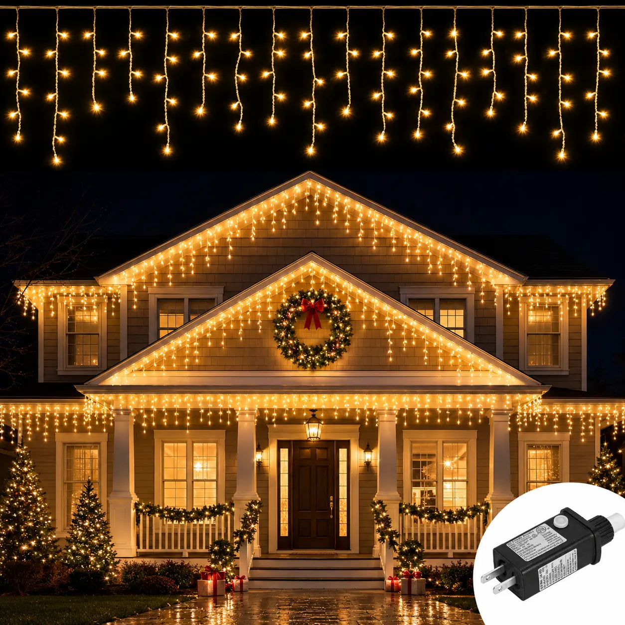 66ft 600-LED Christmas Icicle Lights – Outdoor Lights with Connectable Clear Wire, 8 Modes, Timer, Plug-in, Waterproof; Suitable for Eaves, Patios, Parties, and Indoor Holiday Decor; Includes Switch; Warm White