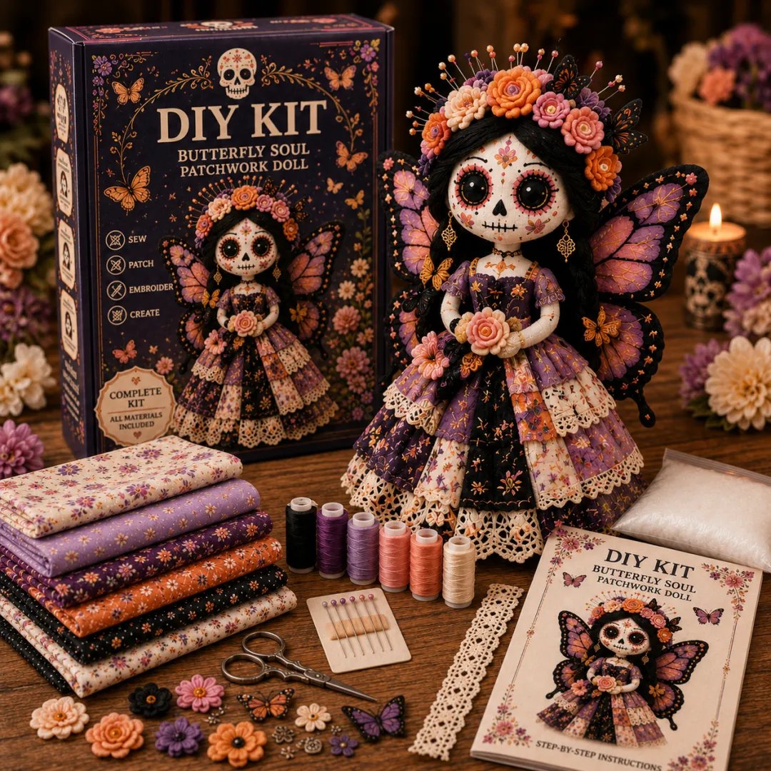 Day of the Dead Patchwork Doll DIY Sewing Kit – Handmade Fabric Doll Making Kit with Floral Details