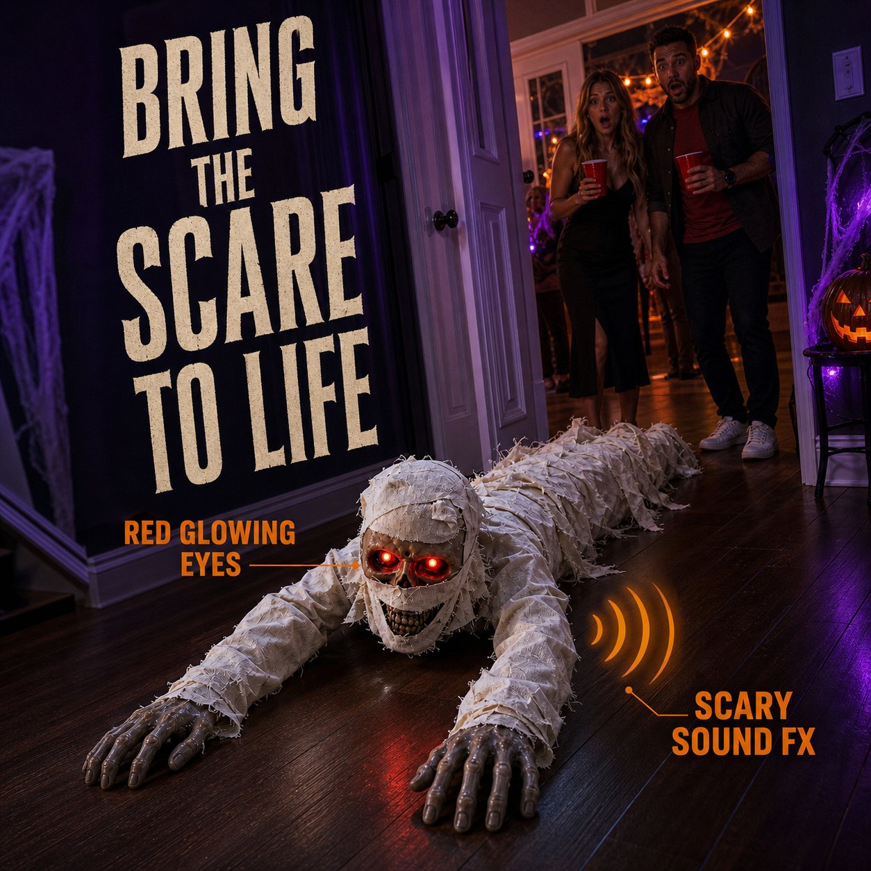 🧟 Animated Crawling Mummy Halloween Prop – Sound-Activated Scare With Red Eyes 🎃