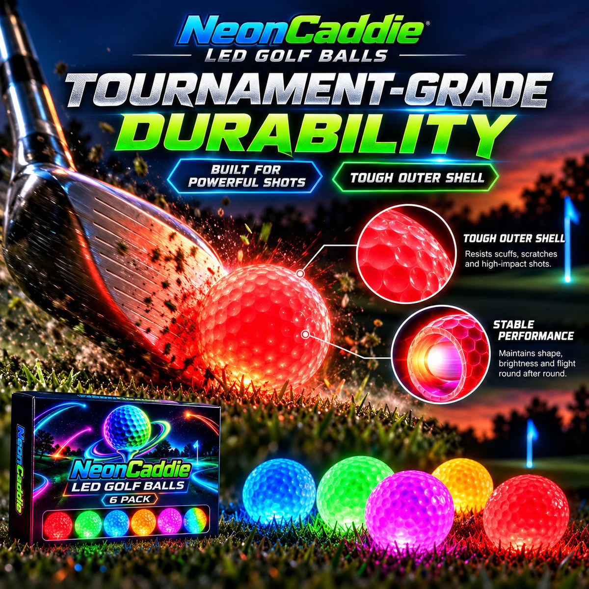 🌙⛳ Night Golf LED Balls – 6-Pack Light Up Golf Balls