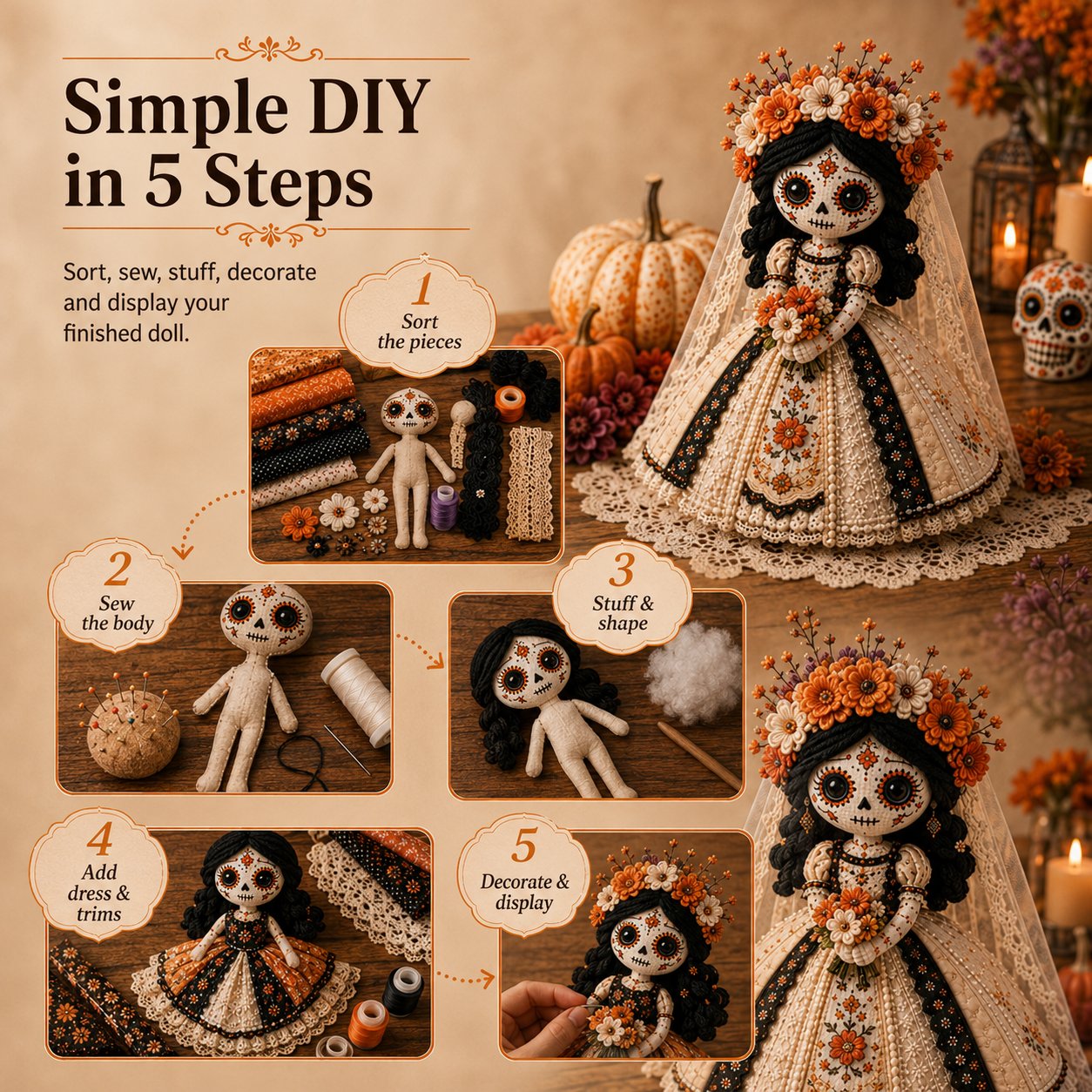 Day of the Dead Patchwork Doll DIY Sewing Kit – Handmade Fabric Doll Making Kit with Floral Details