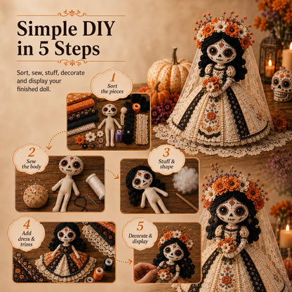 Day of the Dead Patchwork Doll DIY Sewing Kit – Handmade Fabric Doll Making Kit with Floral Details
