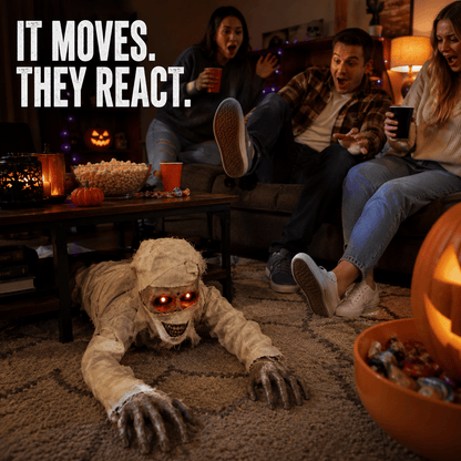 🧟 Animated Crawling Mummy Halloween Prop – Sound-Activated Scare With Red Eyes 🎃