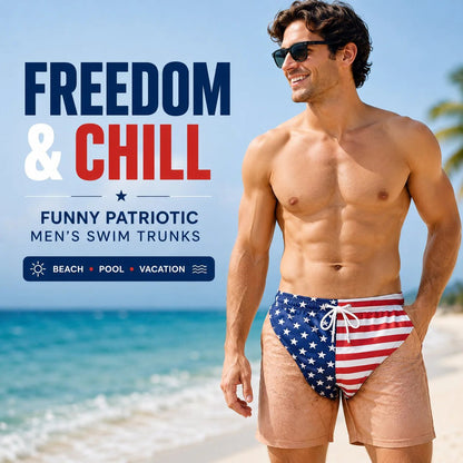 Funny Patriotic Men’s Swim Trunks – Freedom & Chill Summer Beach Shorts 🏖️
