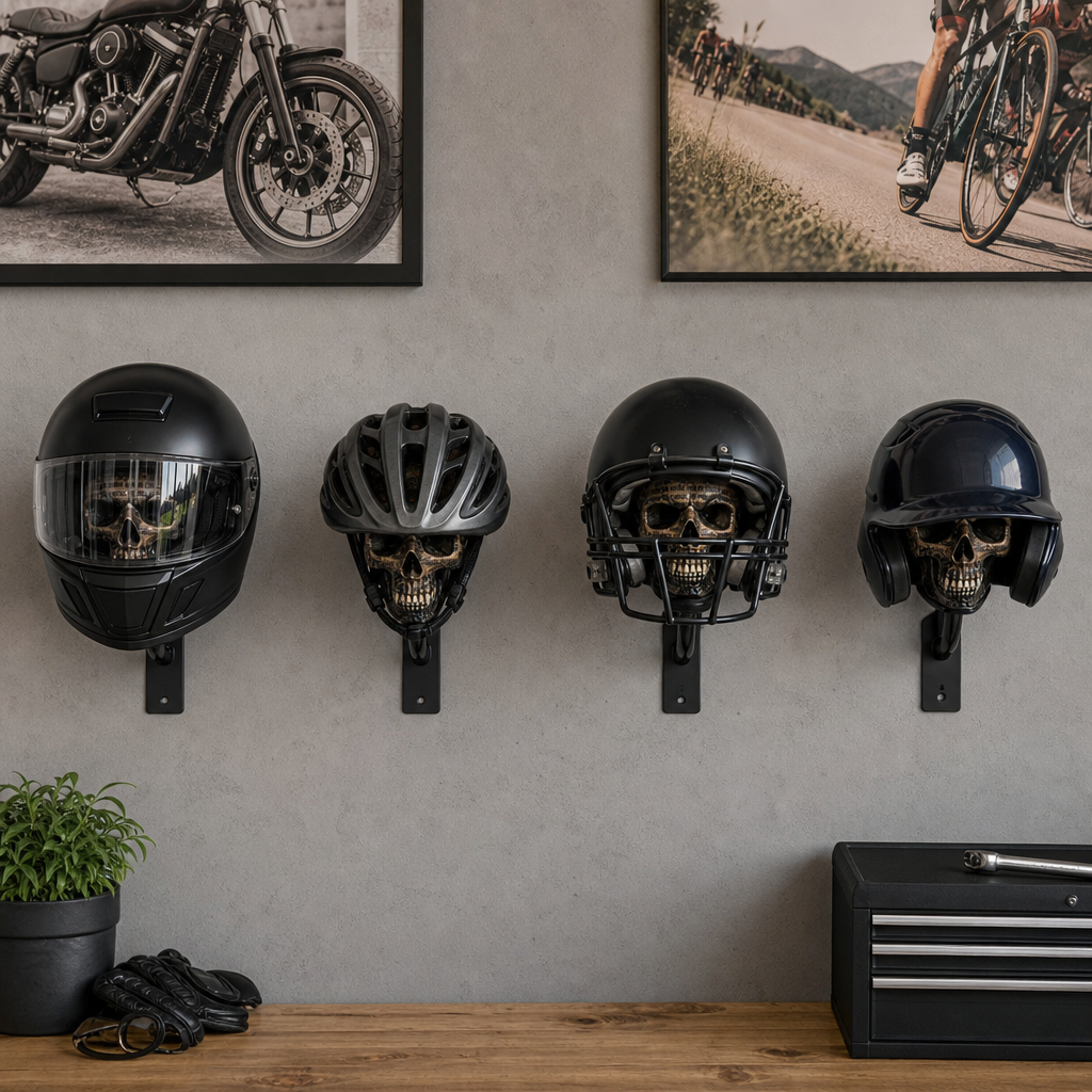 💀 Skull Helmet Wall Mount – Motorcycle Helmet & Gear Display Rack