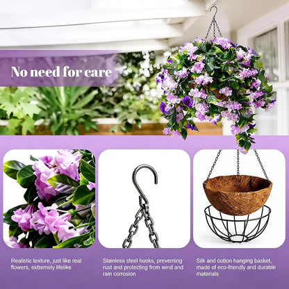 1 Faux Crepe Myrtle Hanging Baskets – UV Resistant Artificial Flower Planters with Coconut Liner & Metal Chain